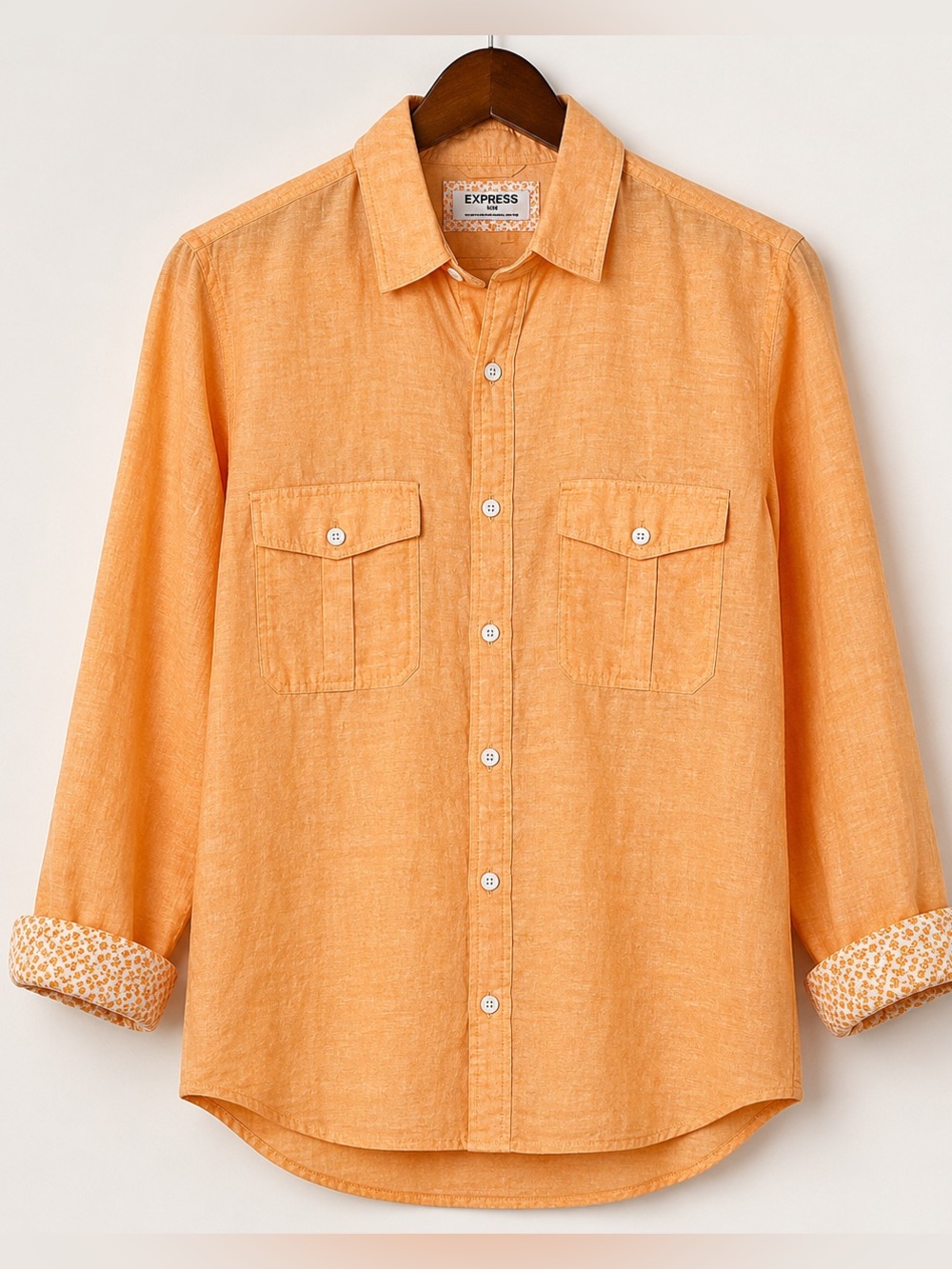 Express Linen Blend Apricot Utility Button Front Shirt Medium